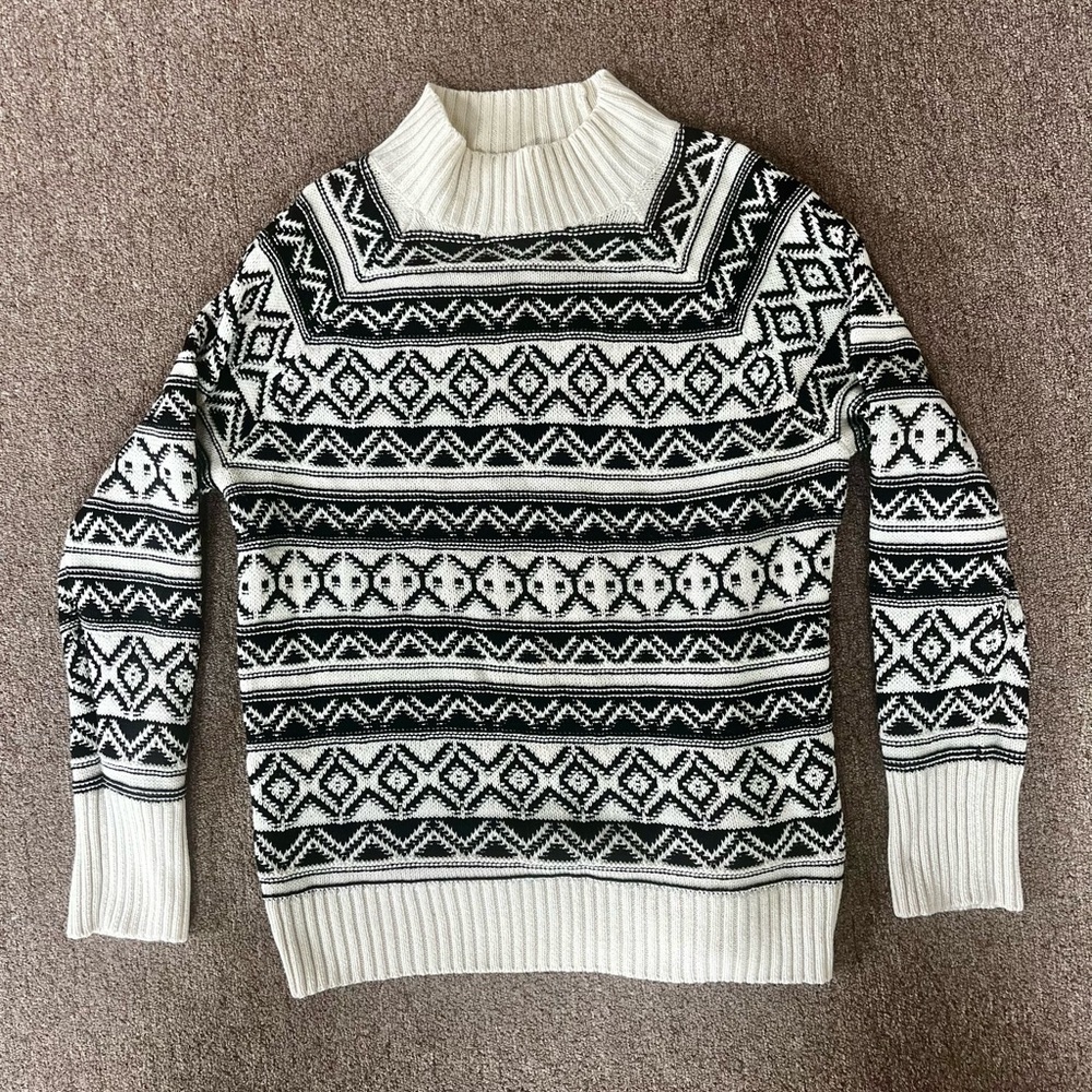 Chaps womens mock neck fair isle black‎ cream sweater size large